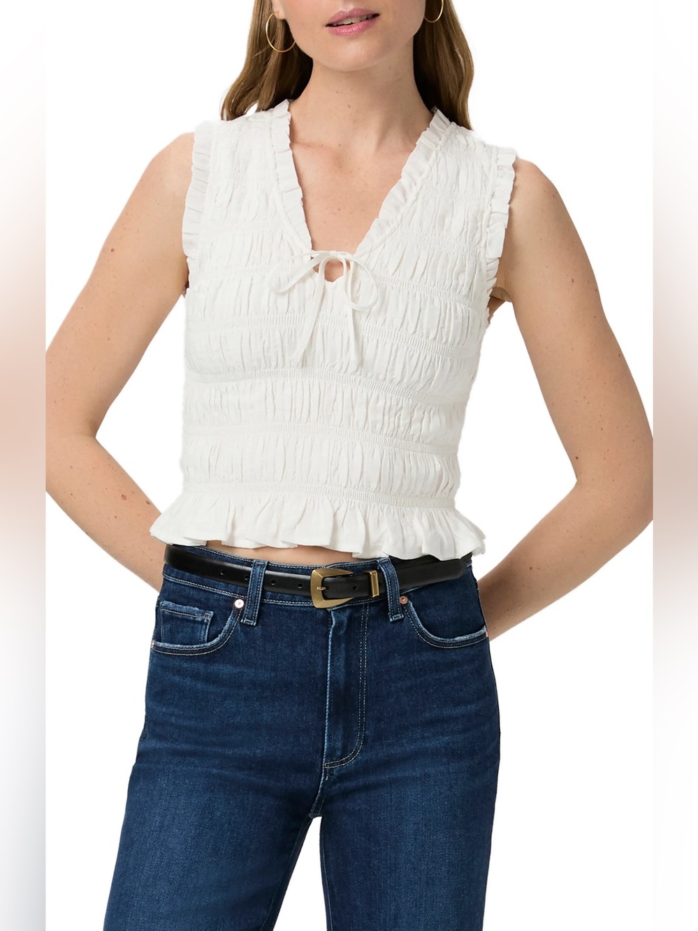 PAIGE Devi Shirred Crop Tank in White, Size Small